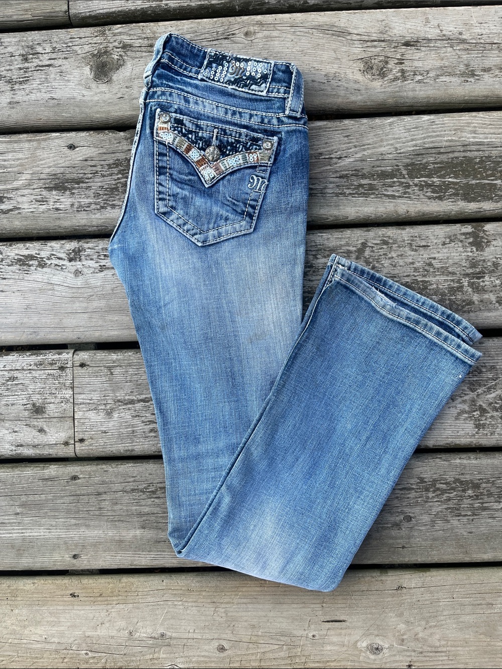 Miss Me Mid Rise Boot Blue Embellished Bootcut Jeans Size 26